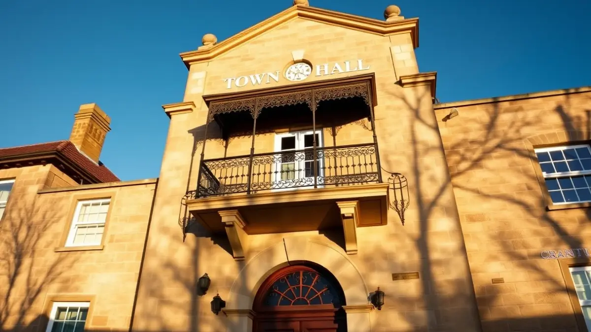 Fachada de un ayuntamiento con balcón y barandillas de hierro, bajo la luz del sol de la tarde.