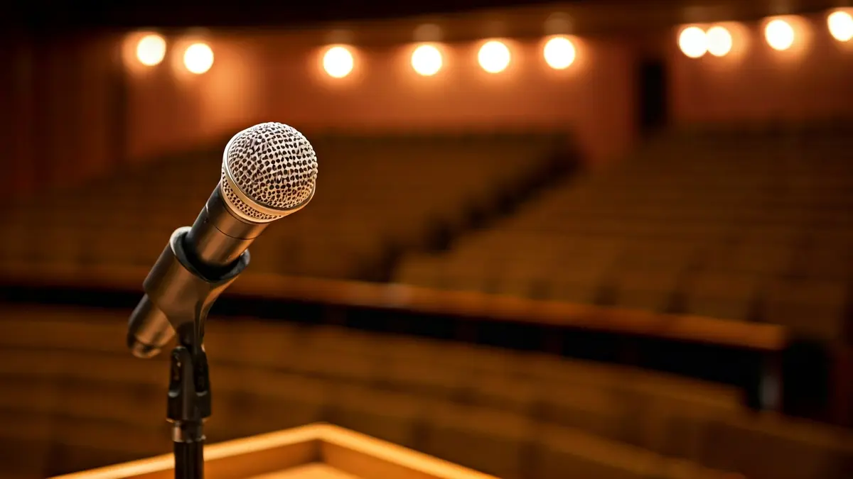 Imagen genérica de un micrófono en un podio en un auditorio vacío, simbolizando una presentación cultural.
