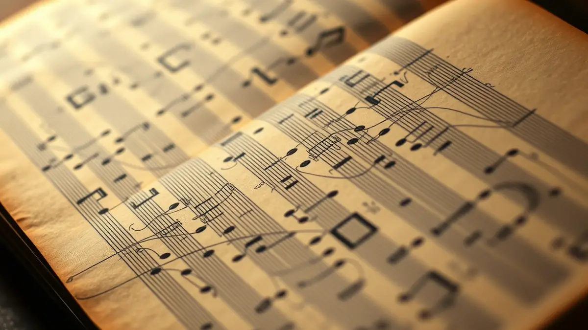 Partitura antigua con notas manuscritas, iluminada por una luz cálida, evocando un archivo musical.
