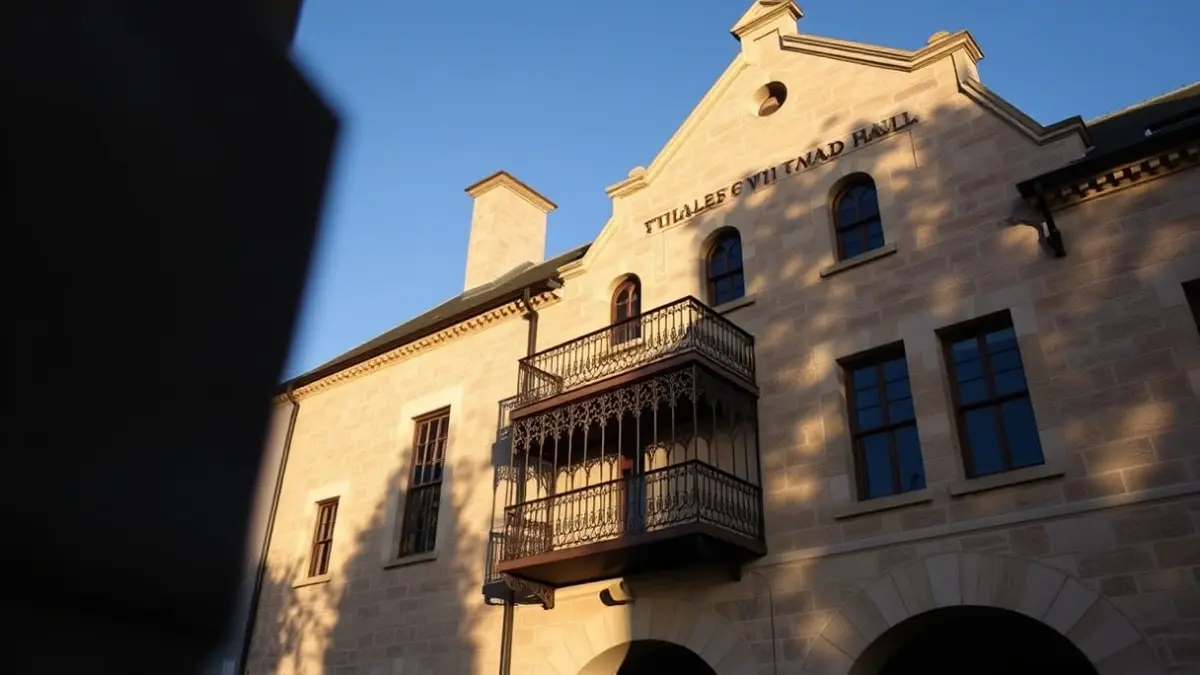 Stone town hall facade with ornate balcony under afternoon sunlight.
