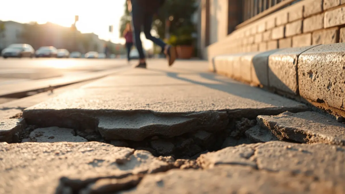 Generic image of a pothole on a sidewalk near a pedestrian crossing.
