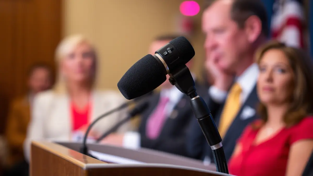 Imagen genérica de un micrófono en un atril durante una rueda de prensa.