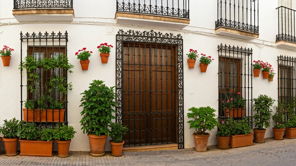 Imagen de un balcón y reja tradicional andaluza con flores.