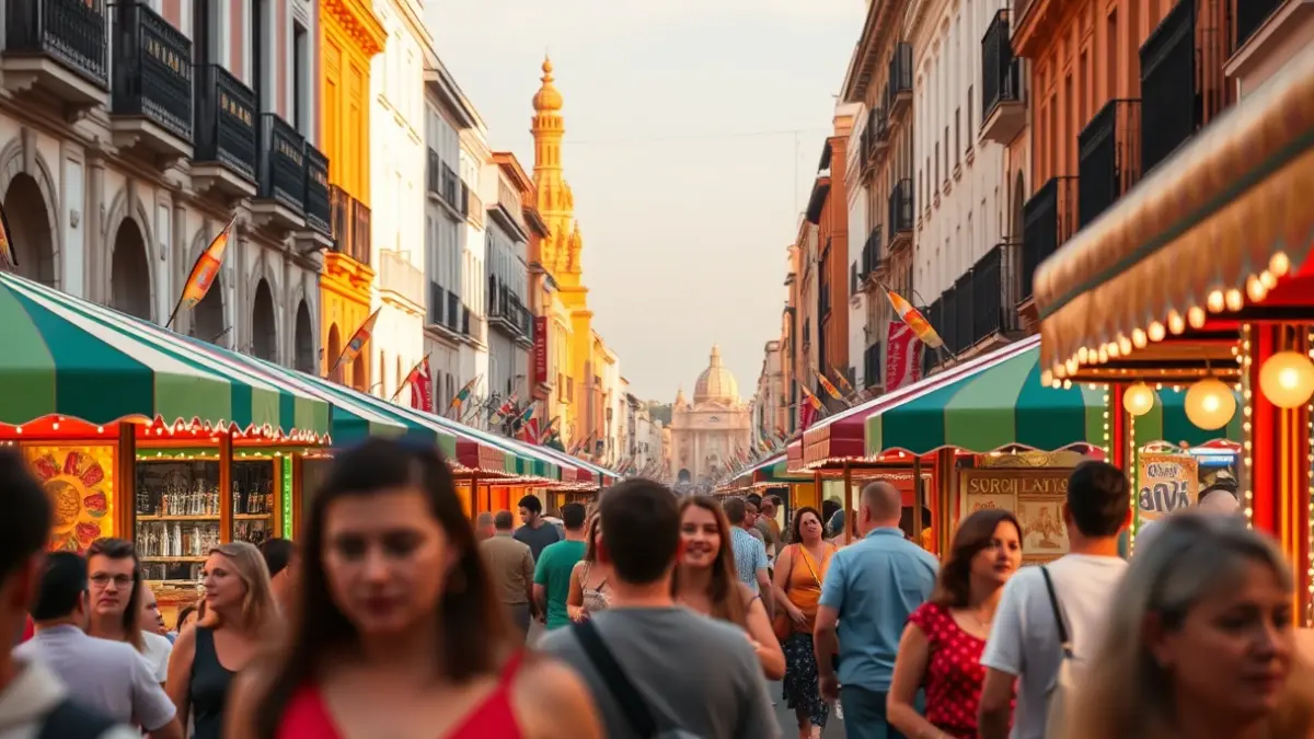 Image of illuminated casetas at the Seville April Fair, with a festive atmosphere and blurred people.