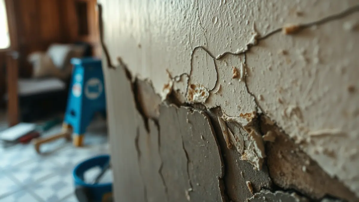 Image of a cracked wall with water stains, showing structural damage.
