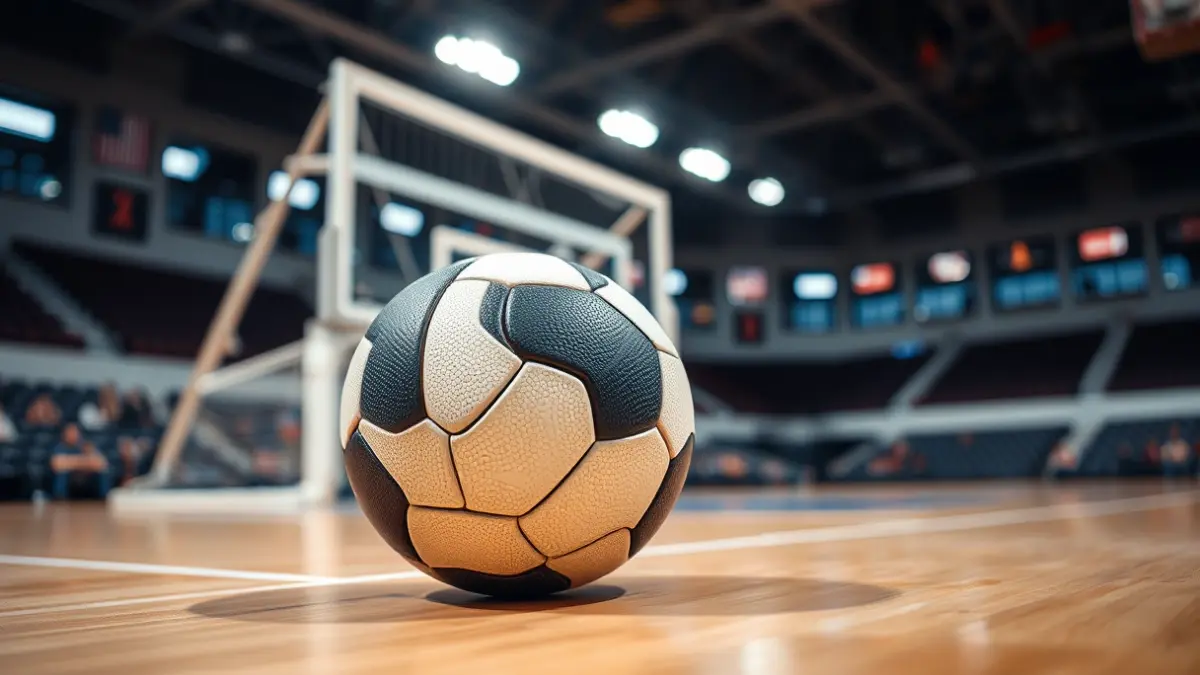 Imagen genérica de un balón de balonmano en la cancha.