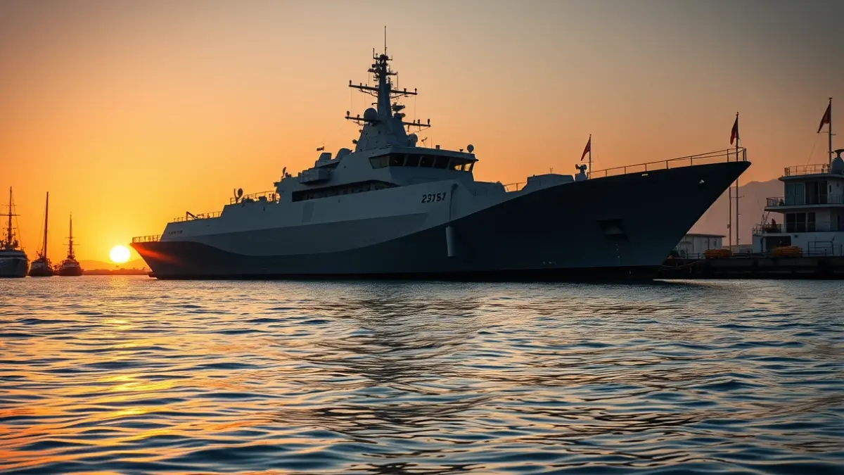 Buque de patrulla naval con diseño furtivo atracado en el puerto de Málaga al atardecer.