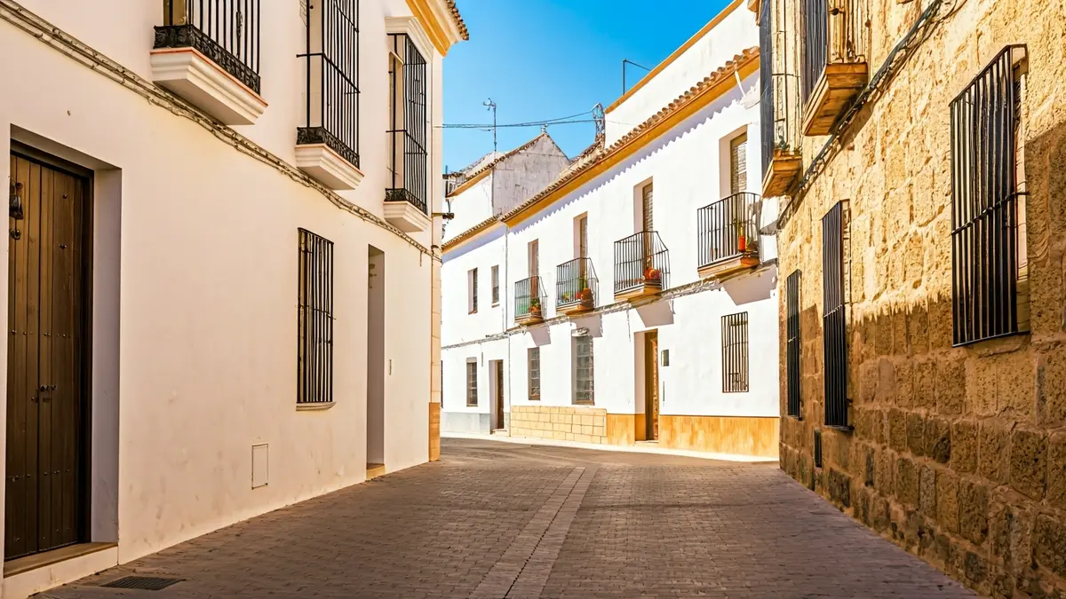 Historic street in Almería's Barrio Alto, with traditional white houses under Andalusian sun.
