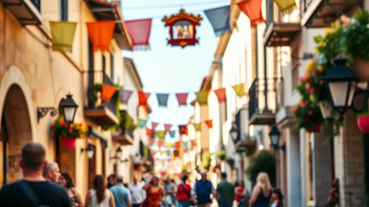 Image of an Andalusian village street decorated for a traditional festival.
