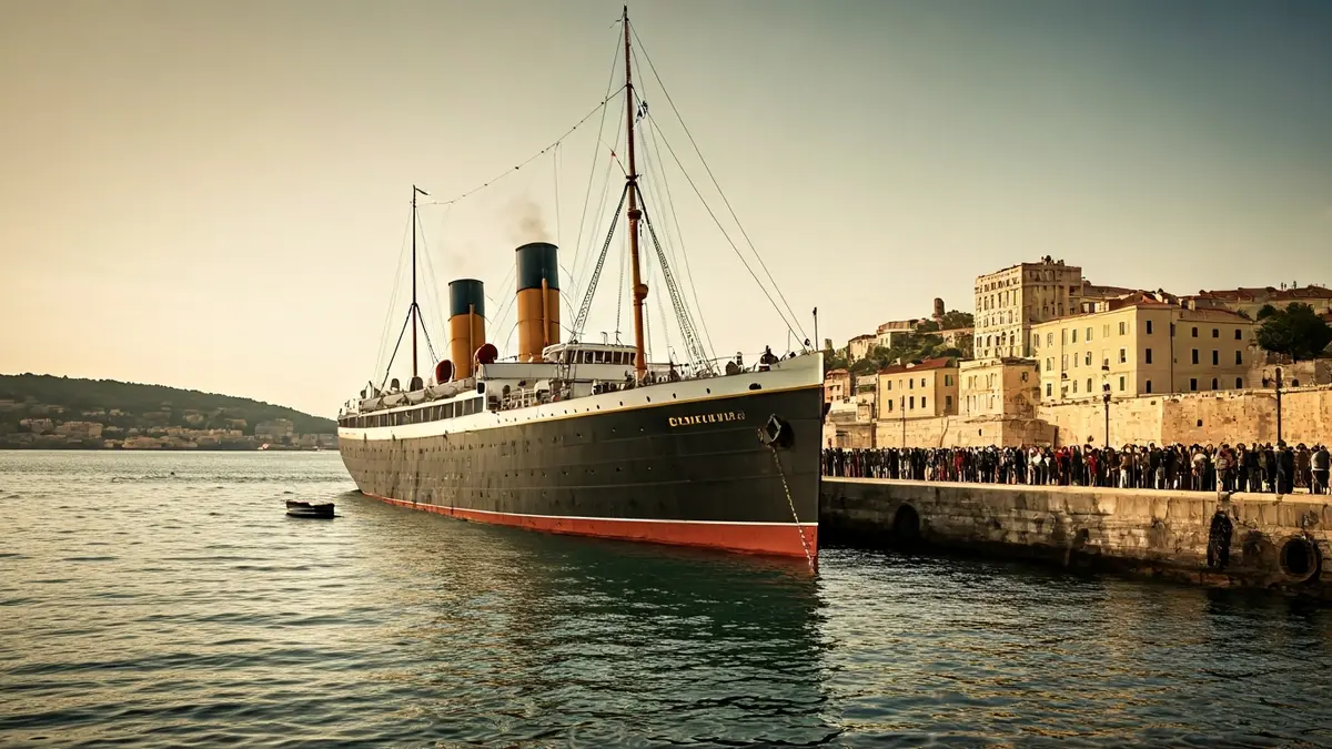 Imagen de época del buque Carpathia atracado en el puerto de Almería en 1912.