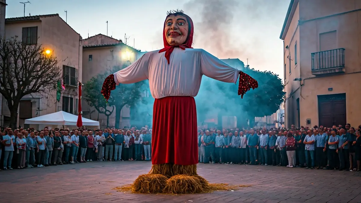 Imagen de una efigie parcialmente quemada en una plaza de pueblo durante una celebración.