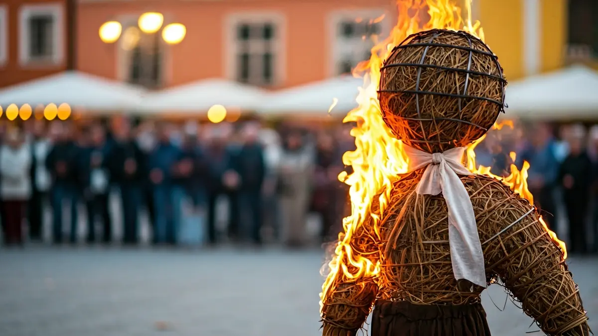 Imagen de un muñeco quemado durante una festividad tradicional en un pueblo andaluz.
