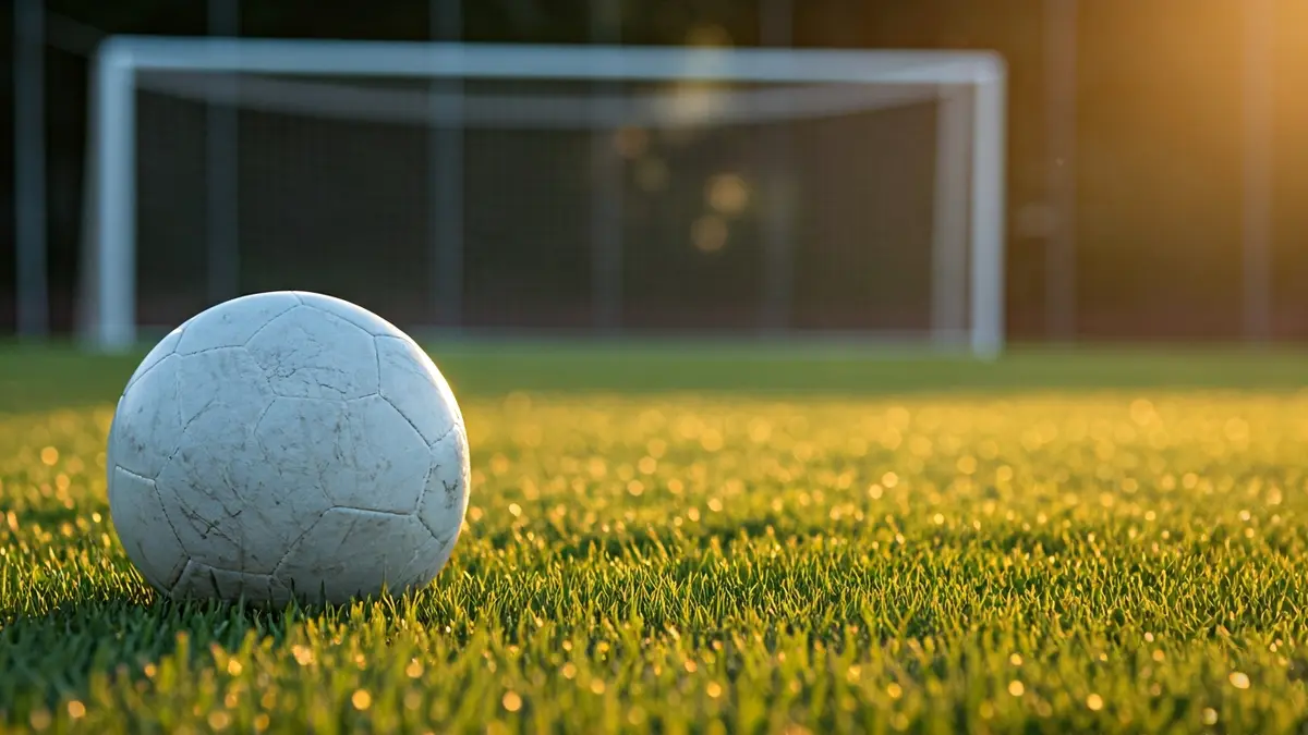 Generic image of a soccer ball on grass, with a blurred goal in the background.