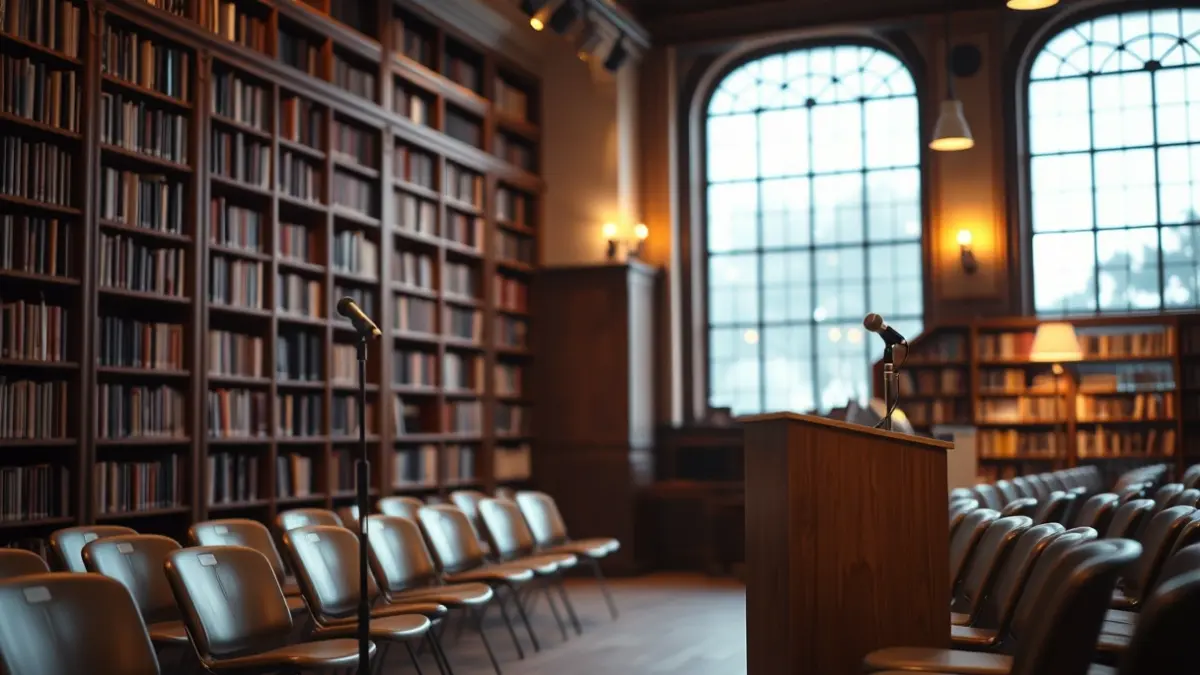 Generic image of a cultural space with a microphone and chairs, evoking a presentation or artistic event.