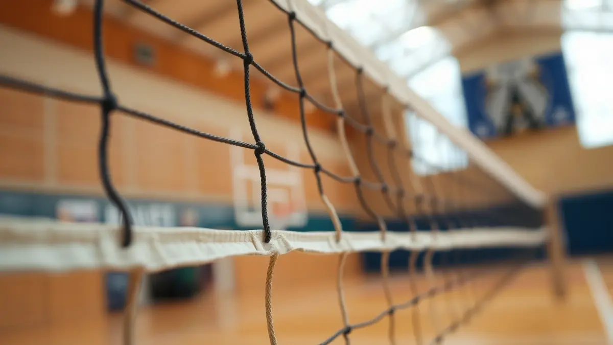 Generic image of a volleyball net on an indoor court.