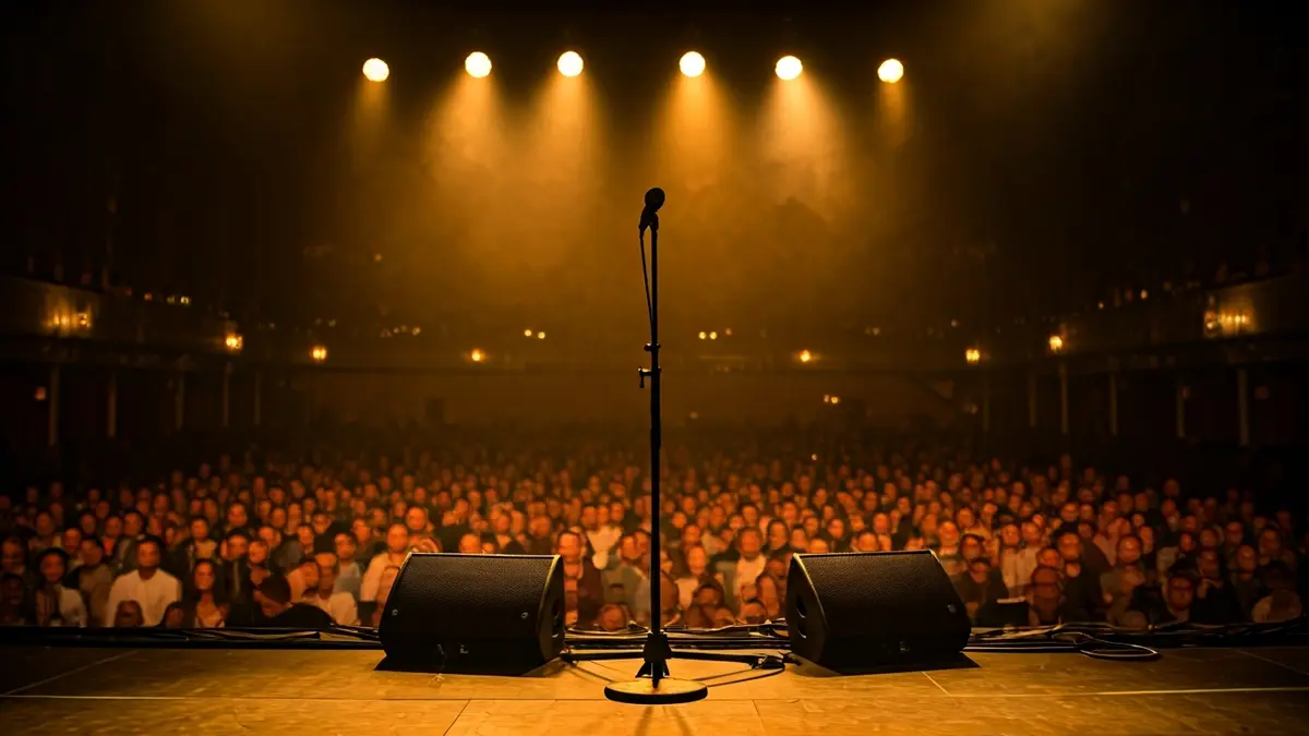 Generic image of a stage with a microphone, warm lights, and a blurred audience, representing a cultural event.