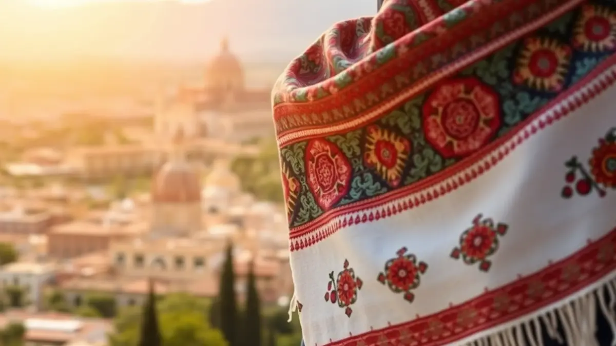 Mantón de Manila con motivos nazaríes y de cerámica de Fajalauza, con la Alhambra y el Albaicín de fondo.