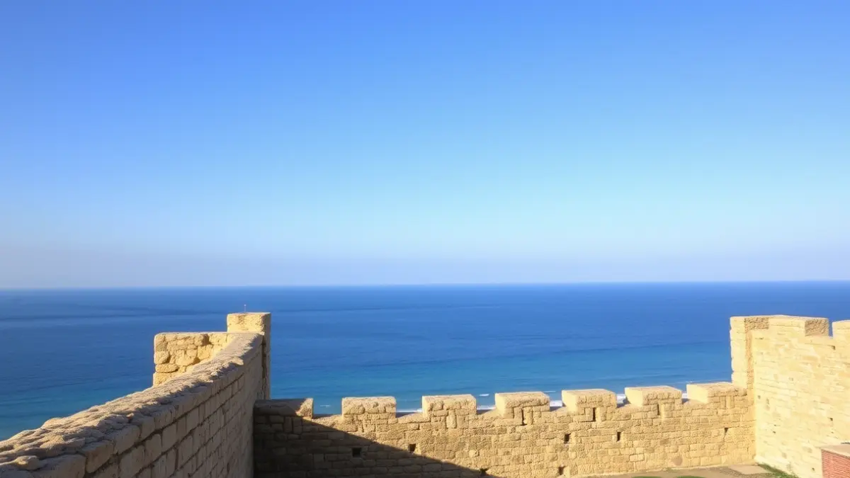 Vista de las antiguas murallas de una fortaleza de piedra junto a una playa arenosa.