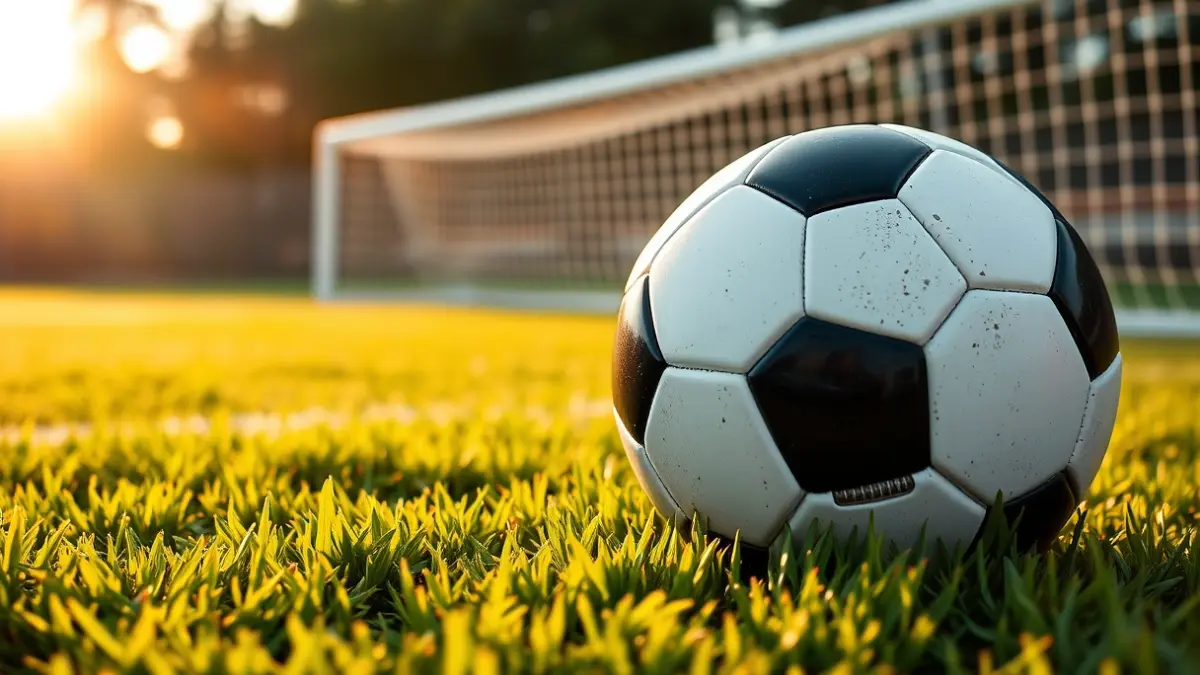 Imagen genérica de un balón de fútbol sobre el césped, con la portería desenfocada al fondo.