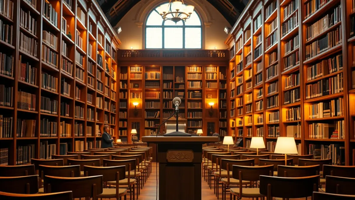 Generic image of a cultural space with a microphone on a podium, chairs, and bookshelves, with warm lighting.