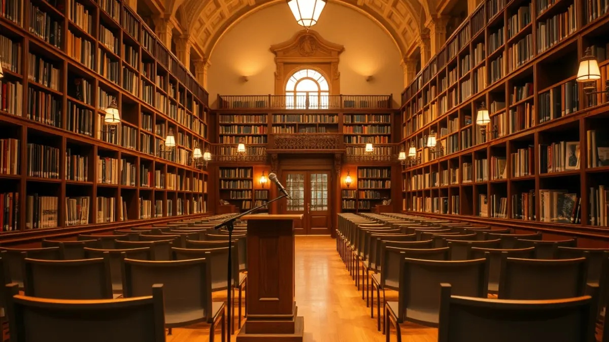 Imagen genérica de un escenario de conciertos íntimo con un micrófono y sillas vacías, en un ambiente cálido.