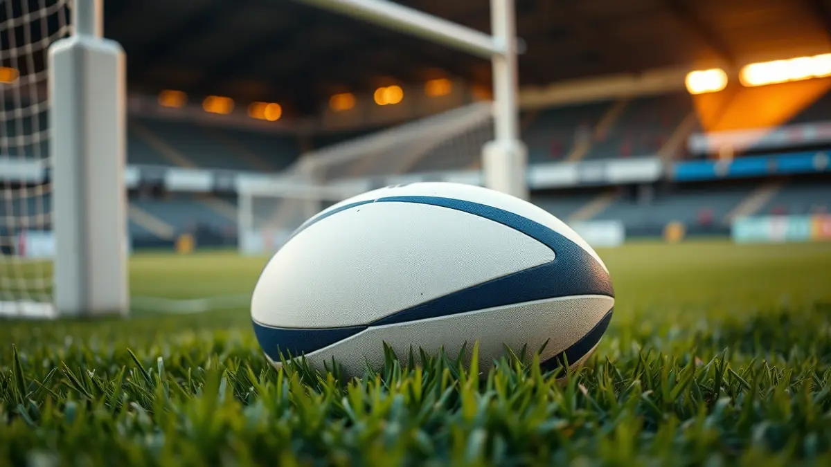 Generic image of a rugby ball on a playing field.