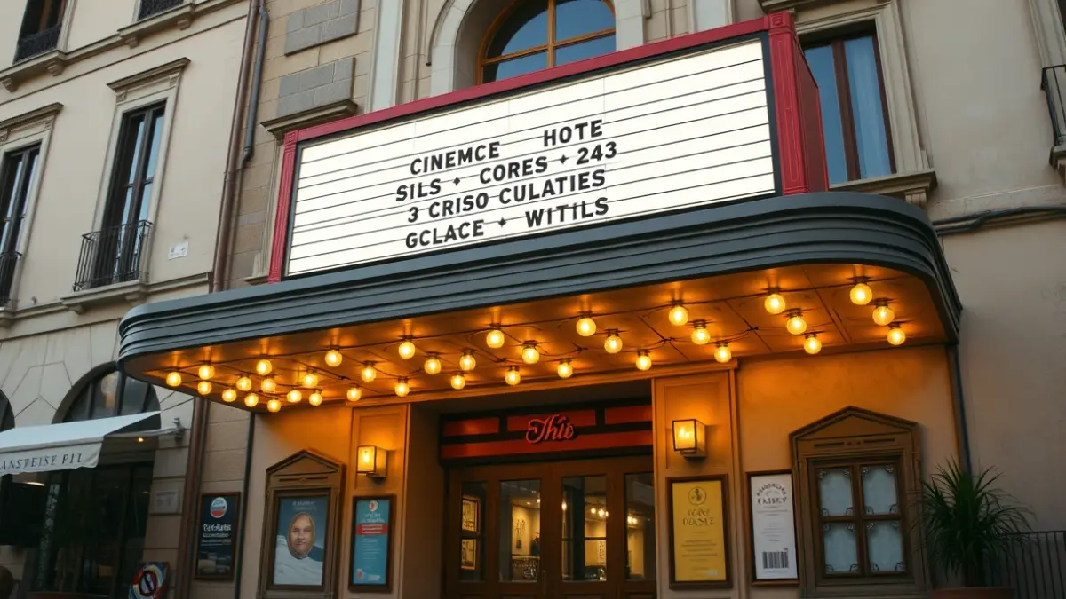 Facade of an old cinema with warm lights, evoking a cultural atmosphere.