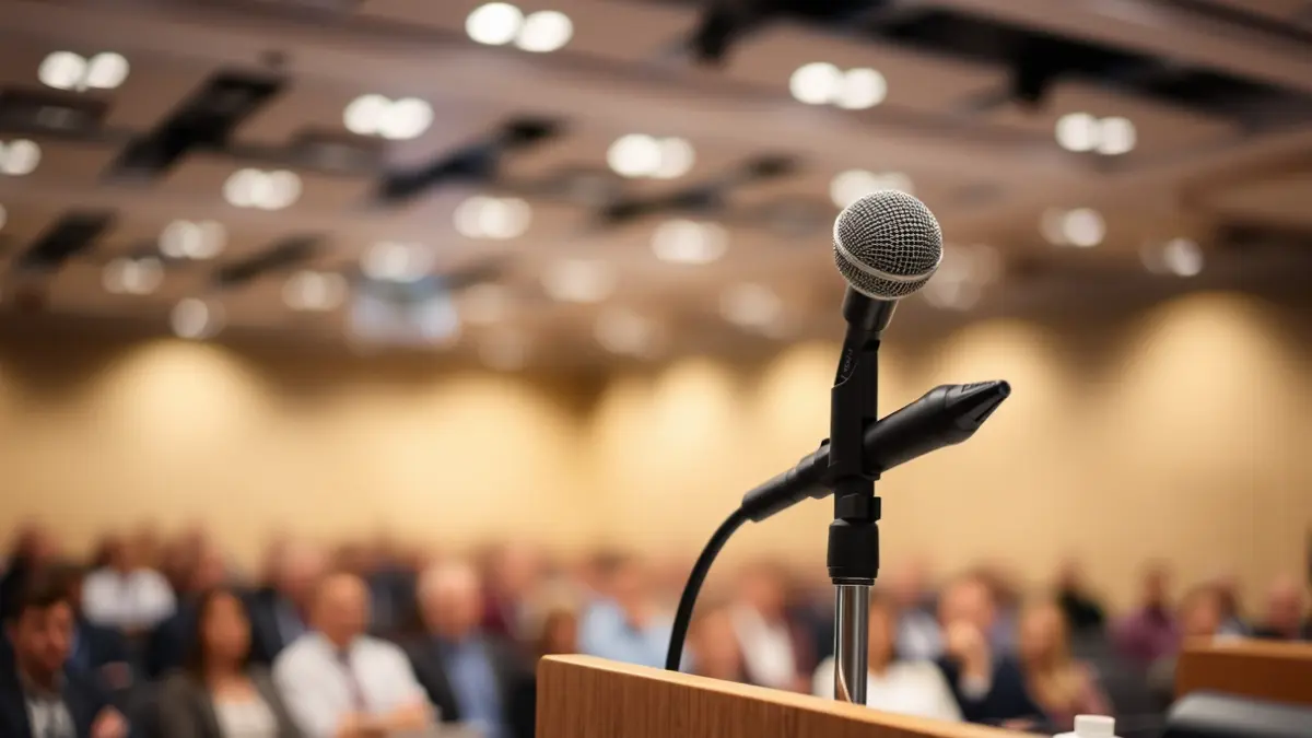 Imagen genérica de un micrófono en un podio, simbolizando una conferencia o charla empresarial.