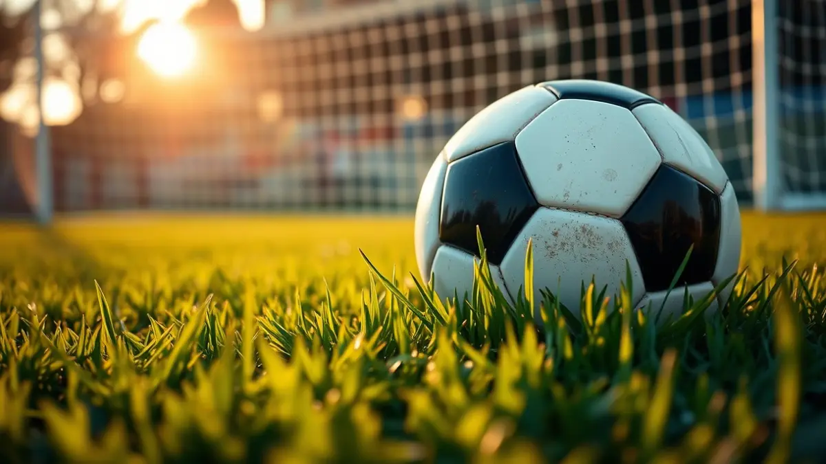 Imagen genérica de un balón de fútbol en el césped de un estadio, con la portería desenfocada al fondo.