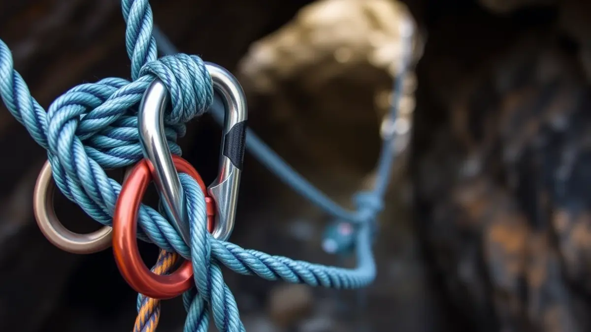 Generic image of caving equipment, with ropes and carabiners.