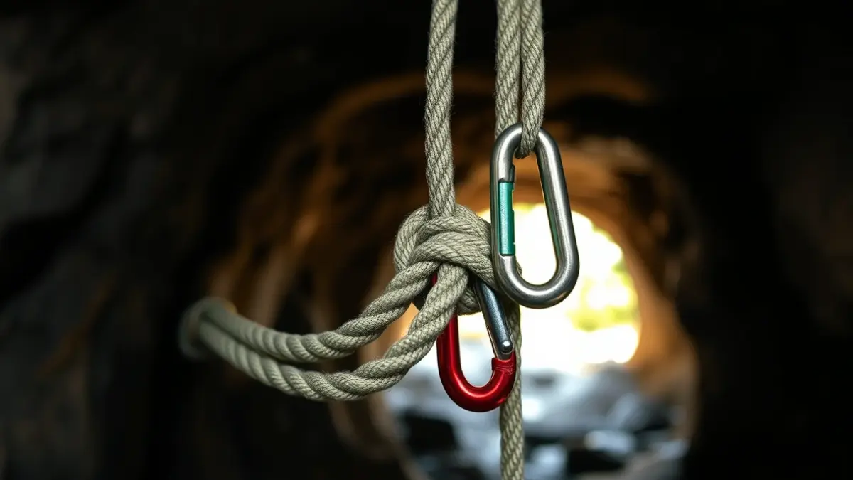 Generic image of caving equipment, ropes and carabiners.