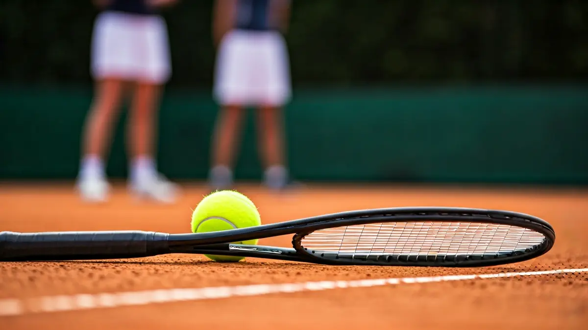 Imagen genérica de una raqueta y una pelota de tenis en una pista de tierra batida.