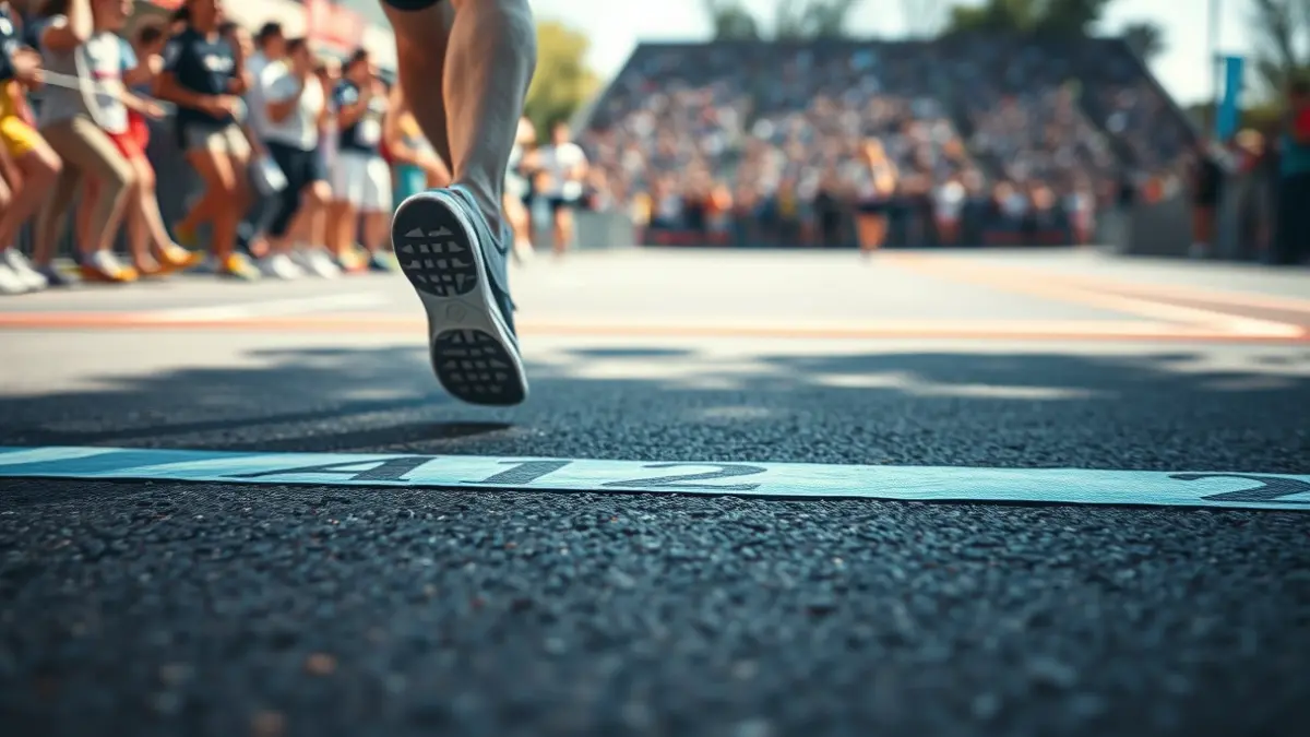 Generic image of a runner's feet crossing a finish line in a popular race.