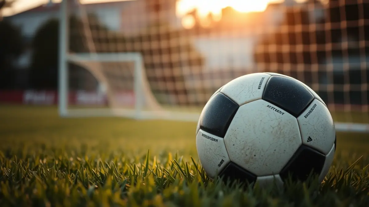 Generic image of a soccer ball on a field, with a goal in the background.