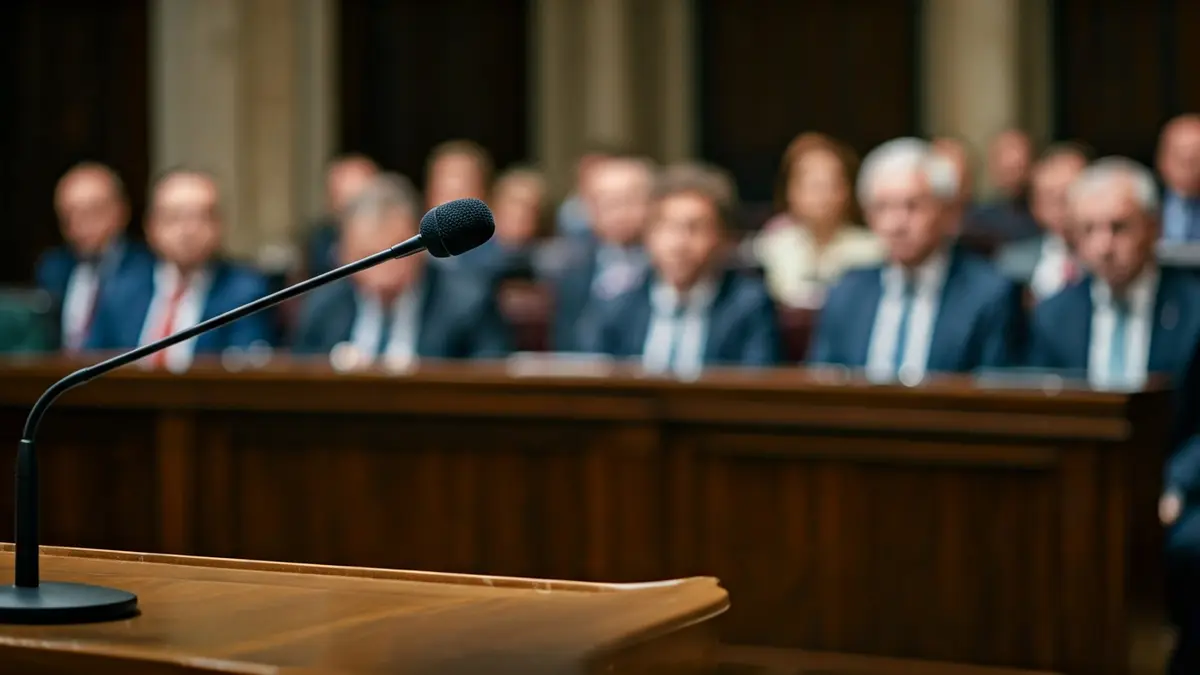 Generic image of a microphone on a parliamentary podium, symbolizing political debate.