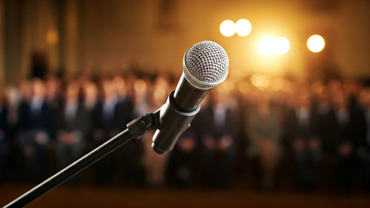 Generic image of a microphone on a podium during a public event.