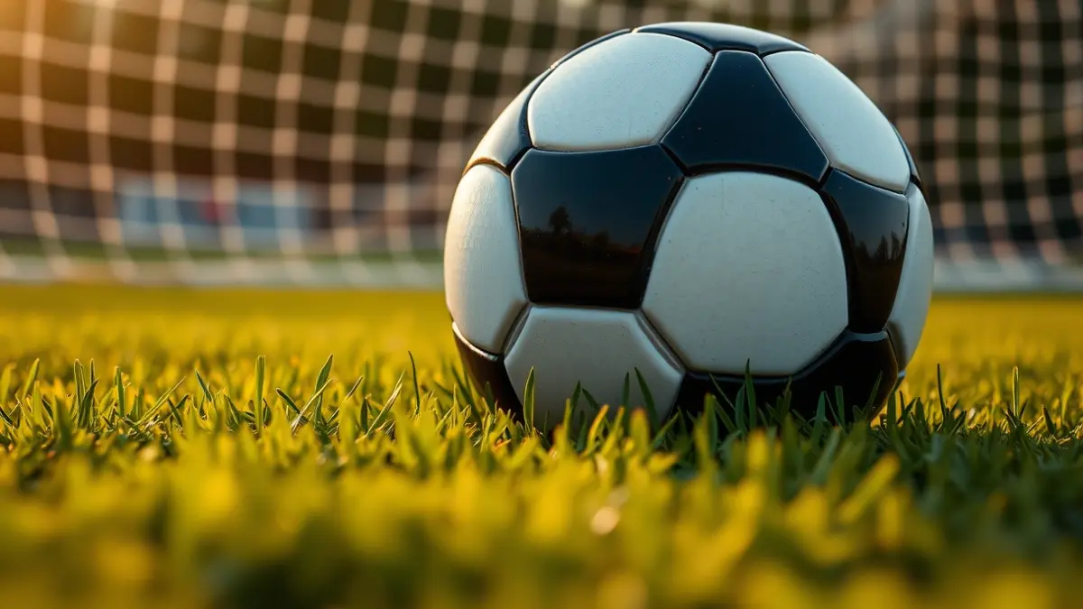 Generic image of a soccer ball on grass, with a blurred goal in the background.