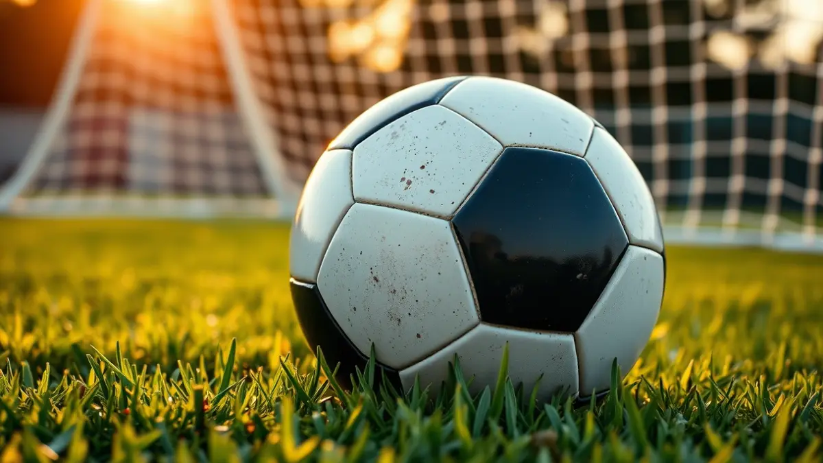 Generic image of a soccer ball on a green field, with a blurred goal in the background.