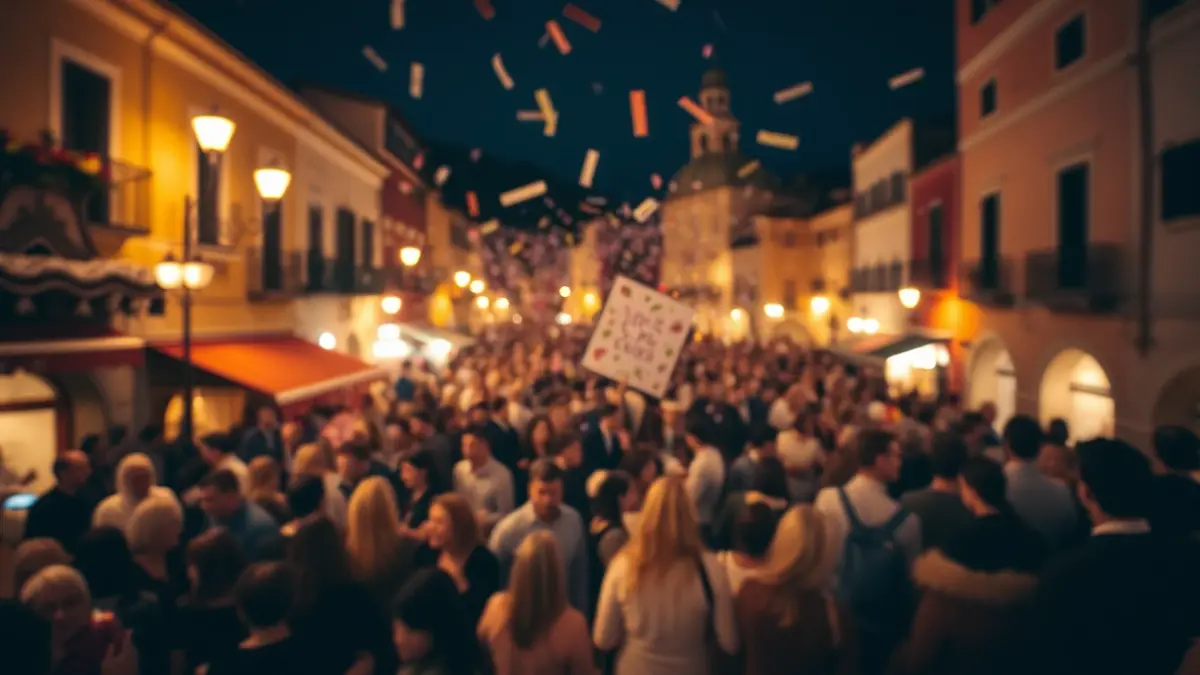 Imagen genérica de una multitud festiva con confeti en una plaza iluminada.