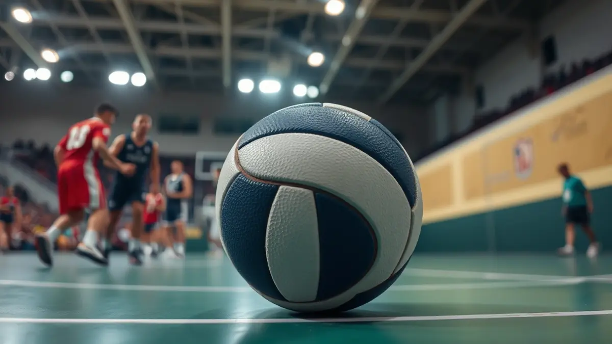Generic image of a handball on the court, with blurred players in the background.