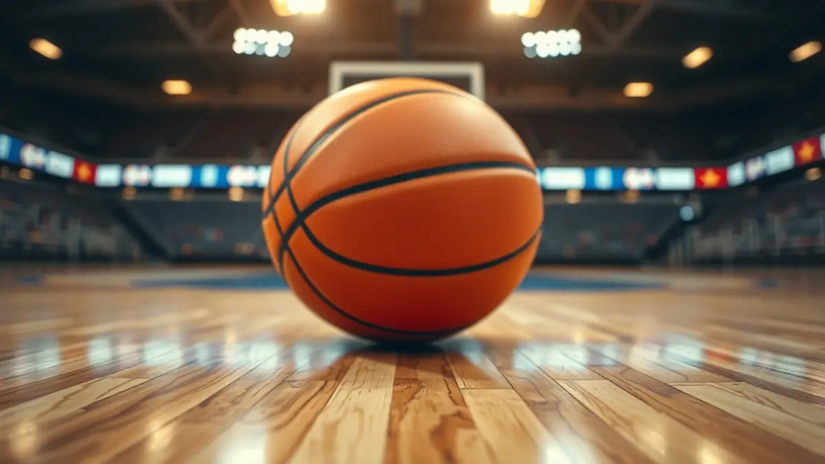 Imagen genérica de un balón de baloncesto en una cancha, con luces de estadio difuminadas al fondo.