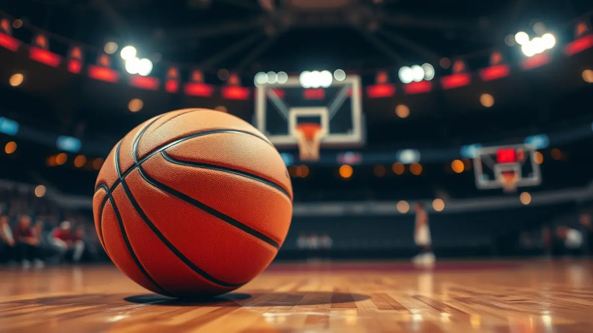 Imagen genérica de un balón de baloncesto en una cancha, con luces de estadio difuminadas al fondo.