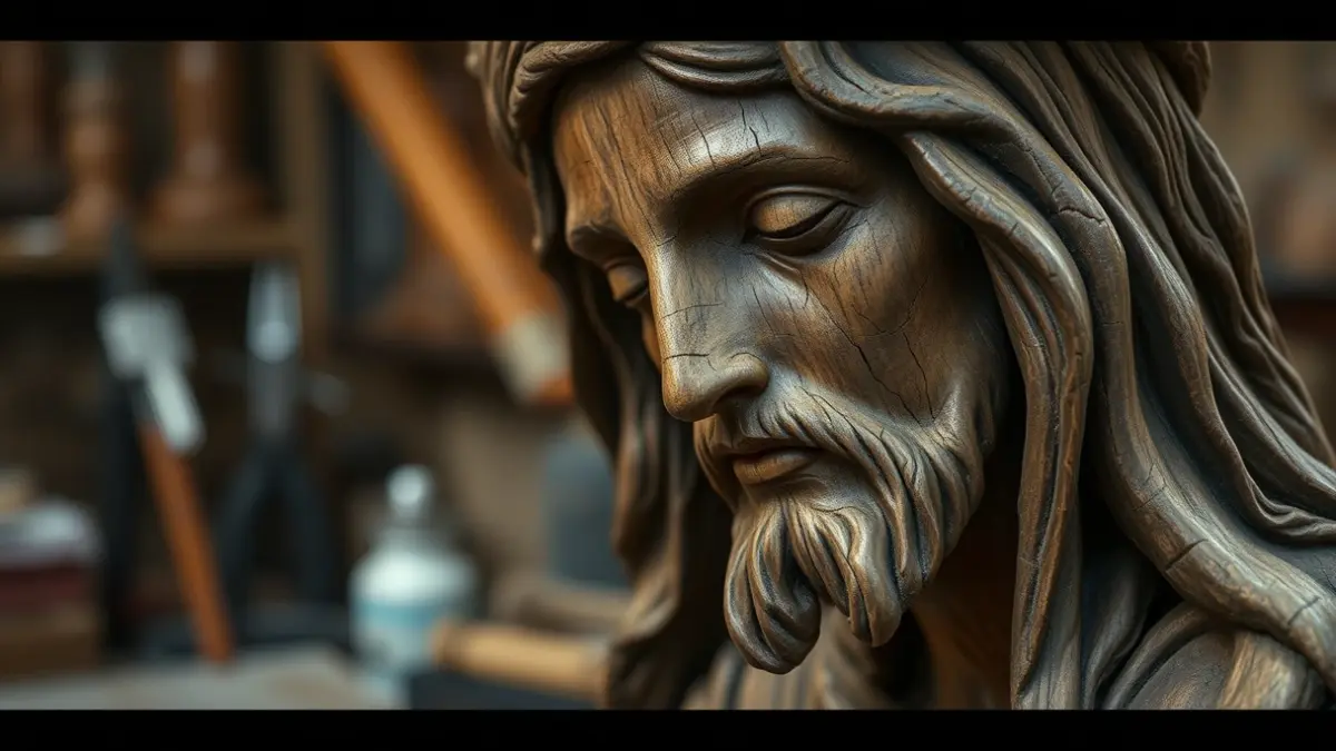 Imagen de una escultura religiosa de madera en un taller de restauración, mostrando signos de deterioro.