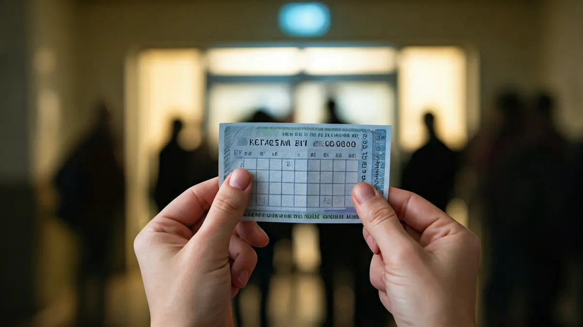 Imagen de un cupón de lotería de la ONCE con números borrosos, sostenido por unas manos, con el fondo desenfocado de la entrada de un hospital.