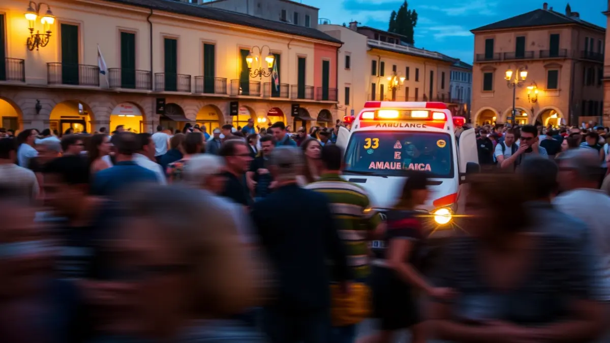 Imagen de una multitud borrosa y una ambulancia, evocando un concierto caótico en Algeciras.
