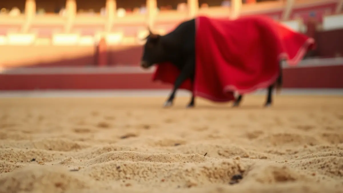 Imagen genérica de la arena de una plaza de toros, con un capote rojo difuminado al fondo.