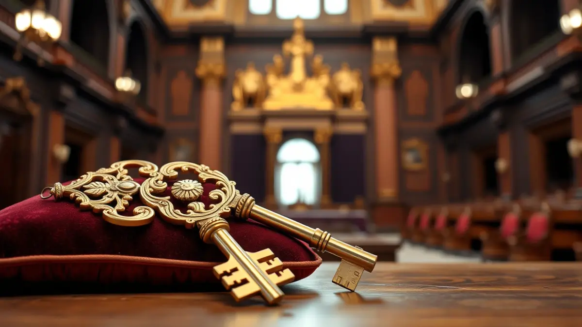 Llaves de la Ciudad, bañadas en oro y plata, con el escudo de Huelva y las carabelas de Colón.