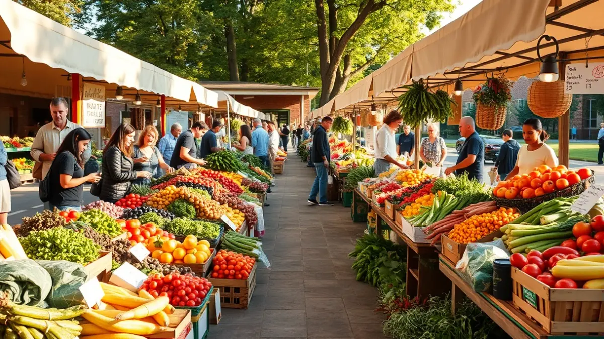 Stalls of an agroecological market with fresh produce and people shopping on a university campus.