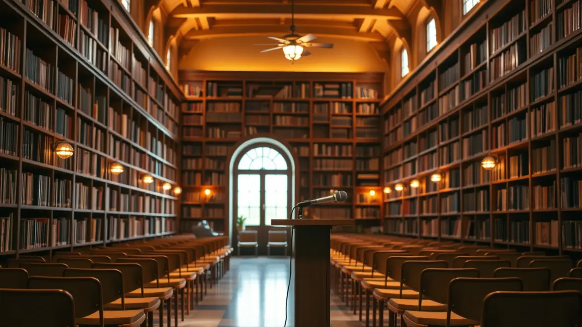 Imagen genérica de un espacio cultural o de lectura con un micrófono.
