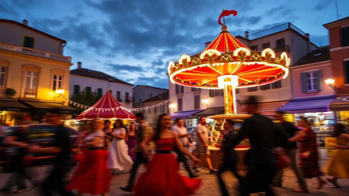 Imagen de una gala cultural con elementos de circo y música en un entorno mediterráneo.